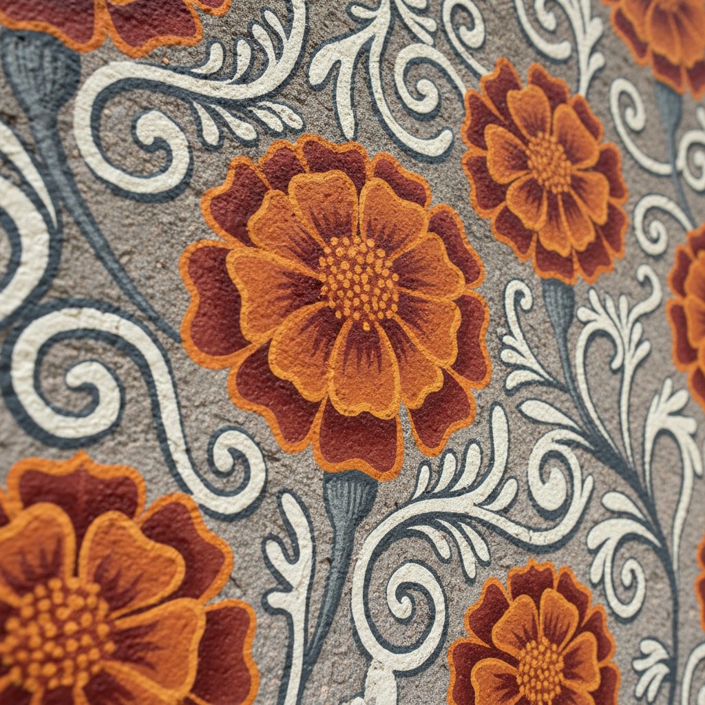 **Descriptive Text for an Image of A Focus on a Decorative Surface** Flowers against a patterned background, vibrant orang...